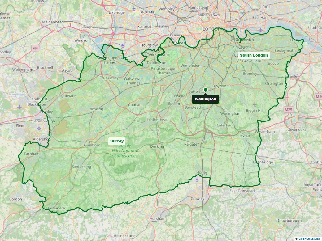 Map outlining scaffolding coverage across Surrey and South London, with Wallington marked